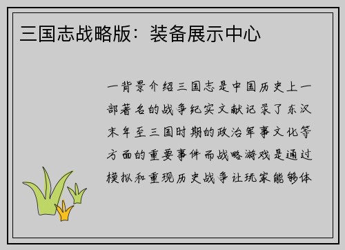 三国志战略版：装备展示中心